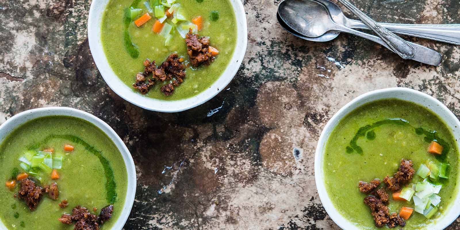 Pea Soup with Charred Spicy Sausage