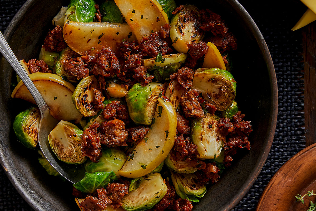 Roasted Sprouts with Apples & Spicy Sausage